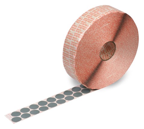 adhesive dots, made from grey special fabric, tolerant of temperatures up to 180°C; for the attachment of transport documents to re-usable plastic containers