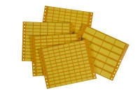 yellow equipment labels with perforations for tractor feed printers; supplied in packs of 100 sheets